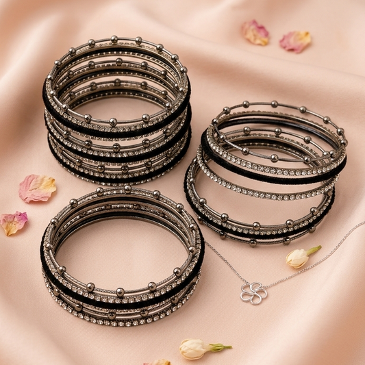 Grey Metal Beaded Bangles Set with Black Velvet & Zircon Stone Pack of 25