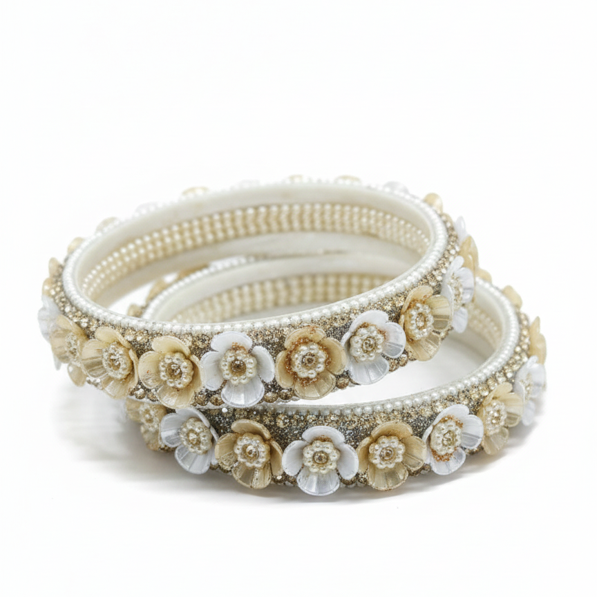 White Floral Glass Kada with Pearl & Stone Work (Set of 2)