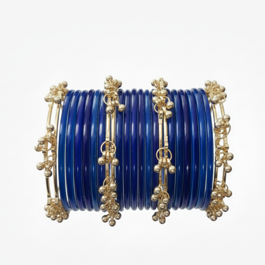 Traditional Blue Glass Bangles with Golden Ghungroo Detailing – Pack of 24