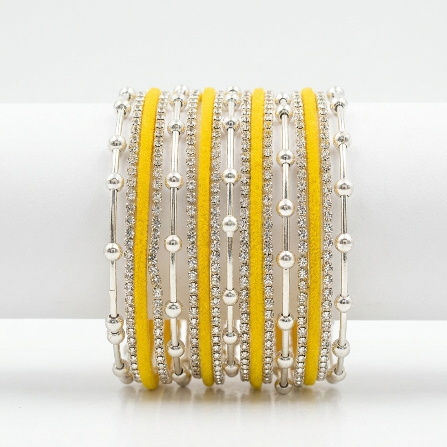 Premium Yellow Velvet & Stone Studded Silver Bangles Set-16