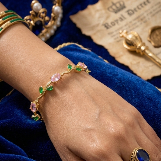 Elegant Gold-Toned Bracelet with Pink Green Stones & Zircon Accents Stylish Designer Chain Bracelet for Daily & Party Wear