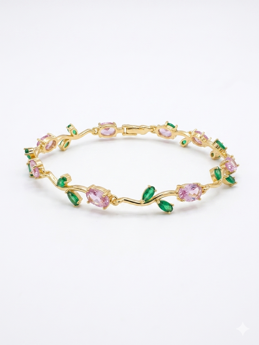 Elegant Gold-Toned Bracelet with Pink Green Stones & Zircon Accents Stylish Designer Chain Bracelet for Daily & Party Wear