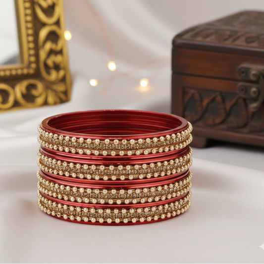 Maroon Zircon Studded Ball Chain Linked Bangle Set for Women & Girls