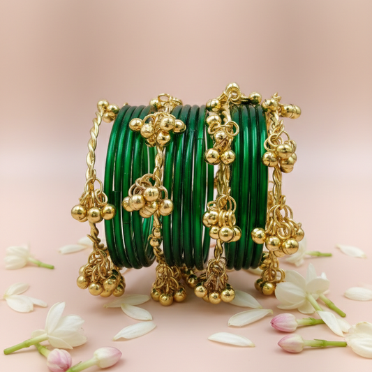 Pack of 16 Green Glass Bangles with Metal Ghungroo – Traditional Bridal