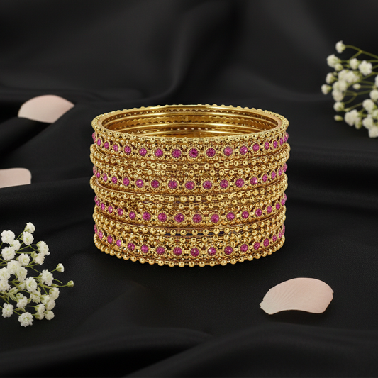 Luxury Gold Finish Magenta Zircon Ballchain Bangles – Set of 12