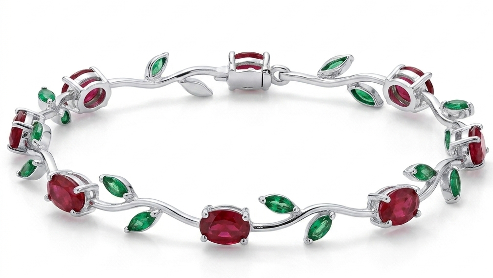 Trendy Tulip GreenRed Crystal Bracelet for Women Floral Design Silver Plated Bracelet