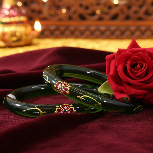 Festive Green Glass Bangles – Green Blossom and Gold Leaf Design-Pack Of 2 Kada