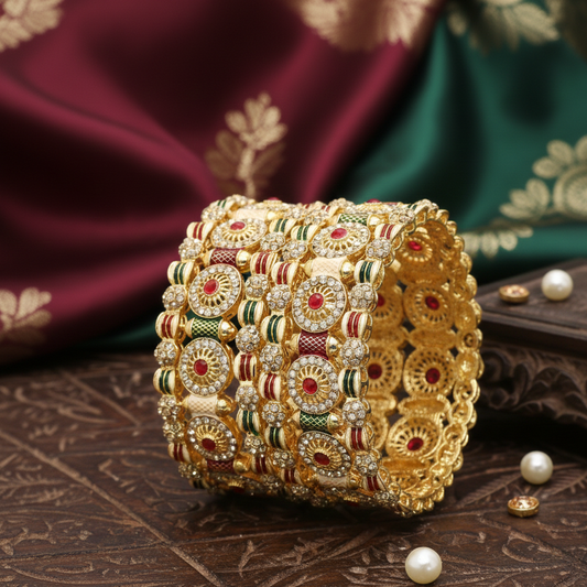 Traditional Rajwadi Design Kangan | Golden Multicolour Girls' Bangles For Wedding, Party, Occasion- Set of 6 Bangle