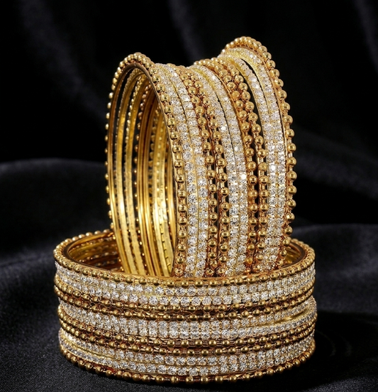 Stylish Golden Metal Bangles with Diamond-Cut Zircon –Pack of 24