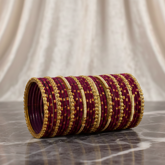 Fancy Red Velvet Glass Bangles with Golden Beads & Polka Dots (Set of 34)