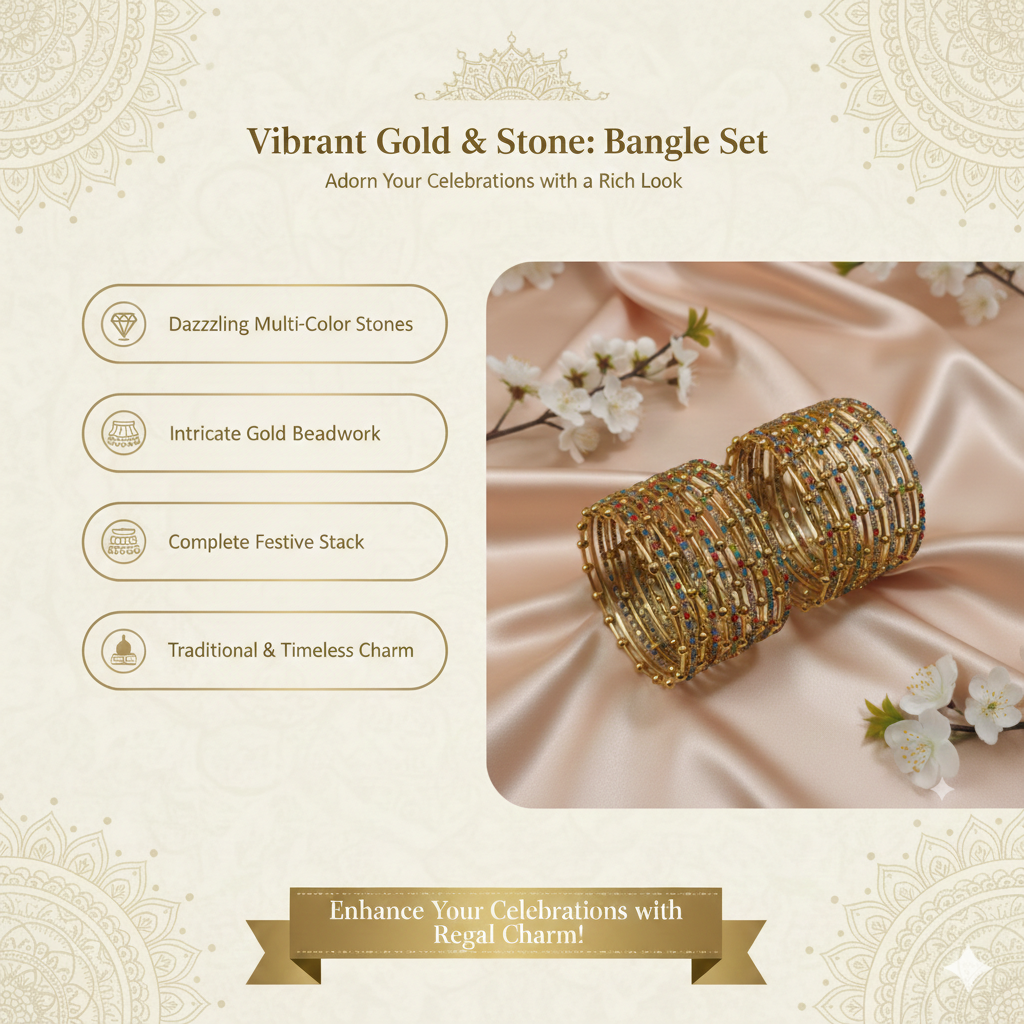 Gold Multi Beaded Zircon Studded Stackable Metal Bangles Set-Pack of 26