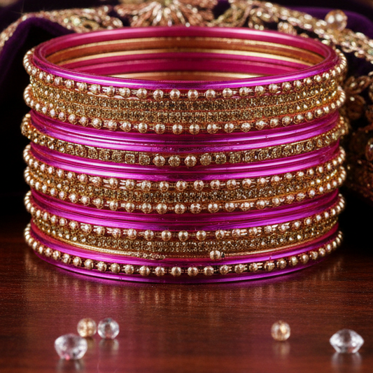 Magenta Zircon Studded Ball Chain Linked Bangle Set for Women & Girls