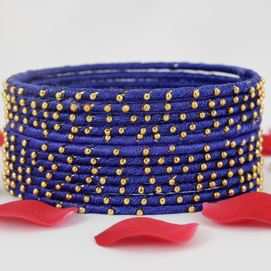 Blue Silk Thread Ball Stone Linked Glossy Bangle Set for Women & Girls | Pack of 12