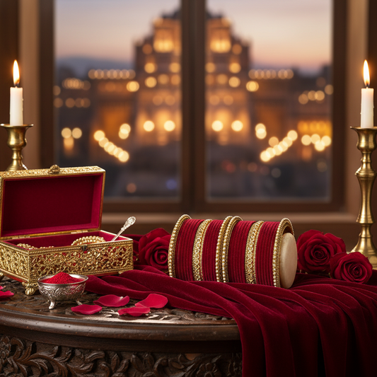 Maroon Velvet Zircon Bridal Chuda Set – Gold-Plated Metal Bangles with Pearl Detailing