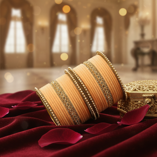 Peach Velvet Bridal Chuda Set – Metal Base with Zircon Diamond-Studded Bangles