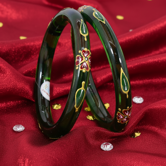Festive Green Glass Bangles – Green Blossom and Gold Leaf Design-Pack Of 2 Kada