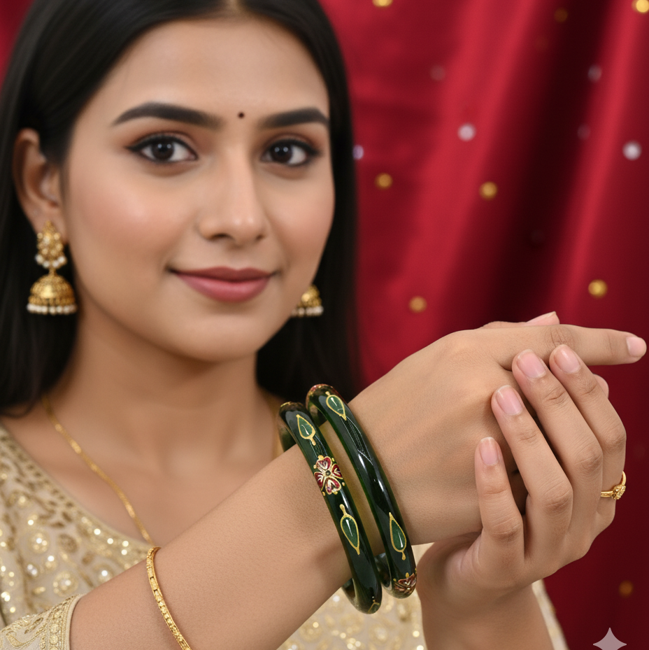 Festive Green Glass Bangles – Green Blossom and Gold Leaf Design-Pack Of 2 Kada