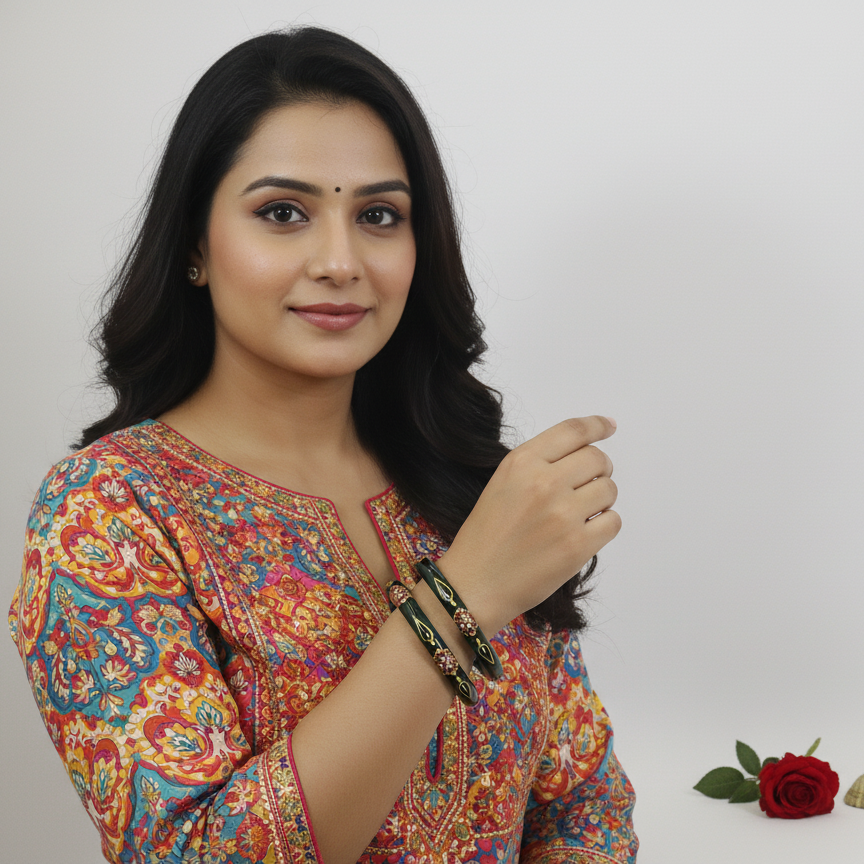 Radium Finish Floral Print Dark Green Glass Bangles - Set of 2