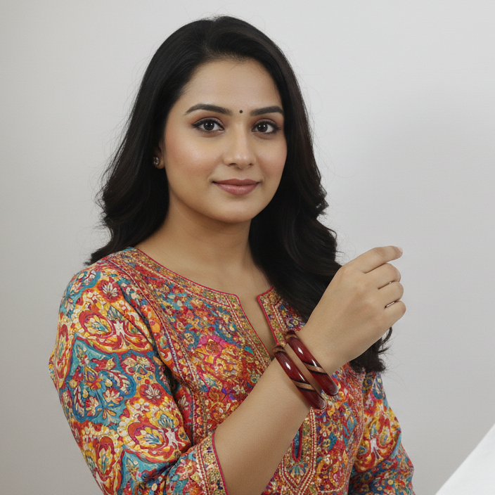 Ruby Red Faceted Glass Kada Bangle Set (2 Pcs)