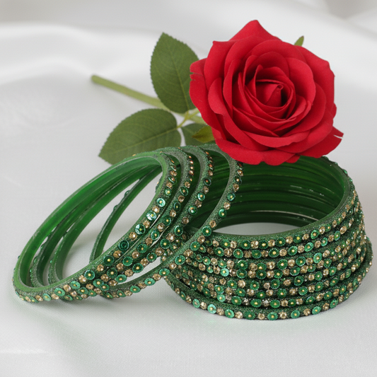 Green Glass Bangles Set with Gold Glitter & Sequins, Pack of 12