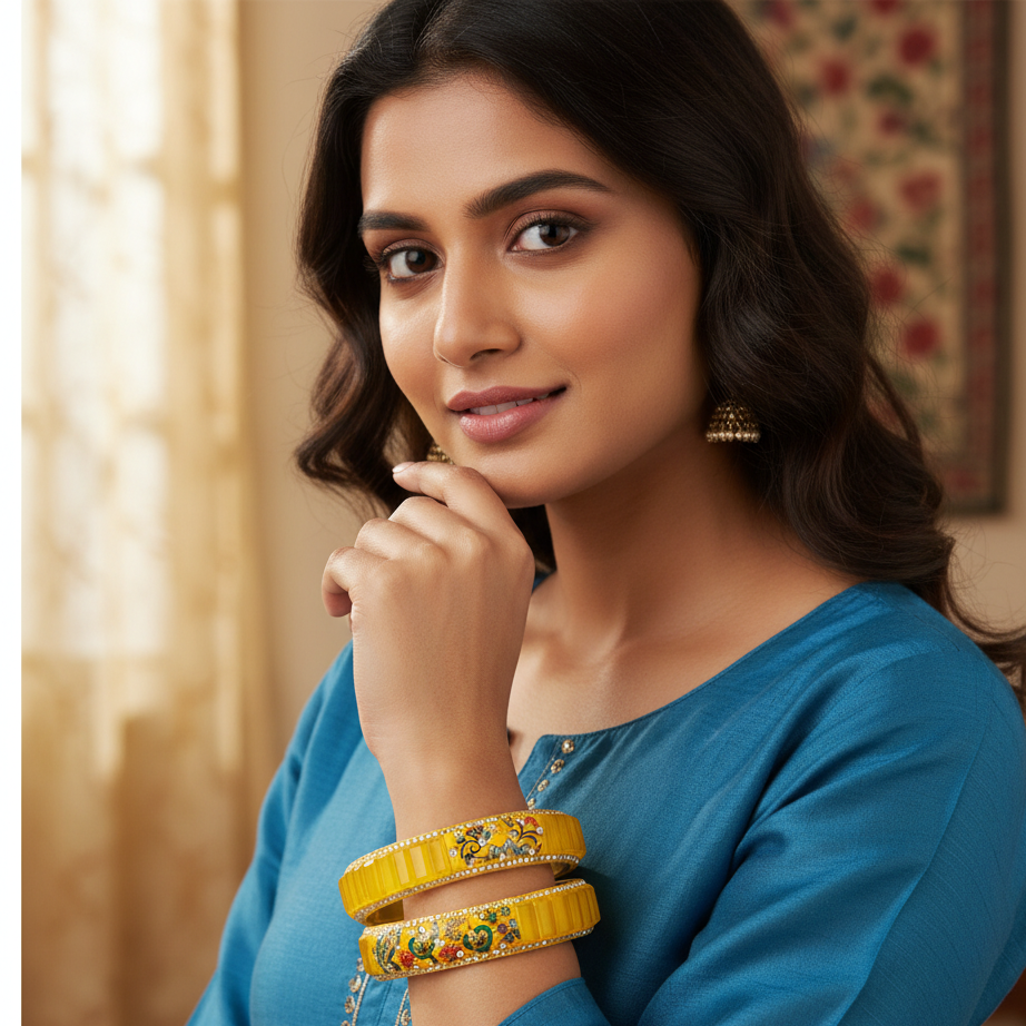 Jaipuri Bloom: Luxury Yellow & Gold Bangle Set (2)