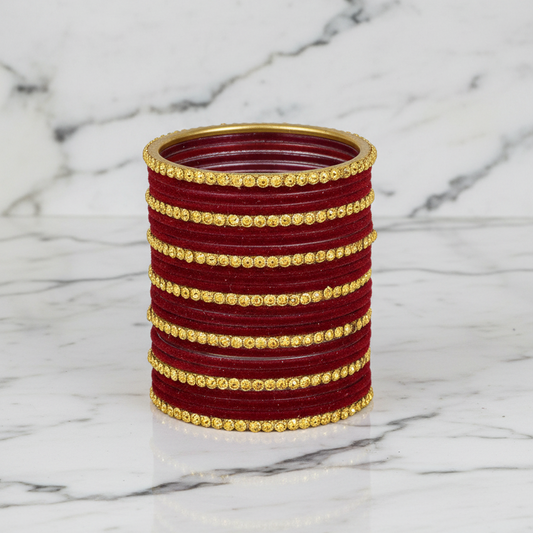 Royal Glow – Maroon Velvet & Glass Bangles Set (34 Pieces)