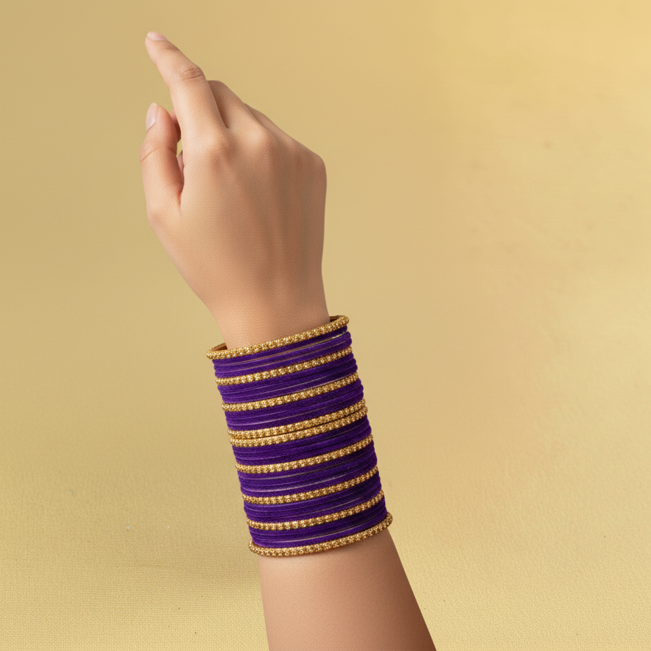 Premium Glass & Golden Beads Velvet Bangles Set – Pack of 34 (Jamuni Color)