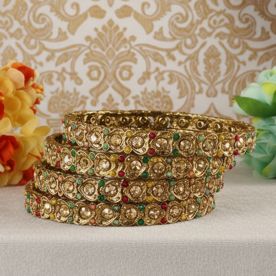 Antique Metal Bangles Set Heart Design Adorned with Zircon Stones & Beads Work For Women & Girls-Set of 4