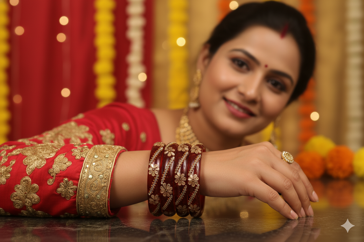 Red Floral Designer Glass Bangle Set of 2 – Stone & Bead Work