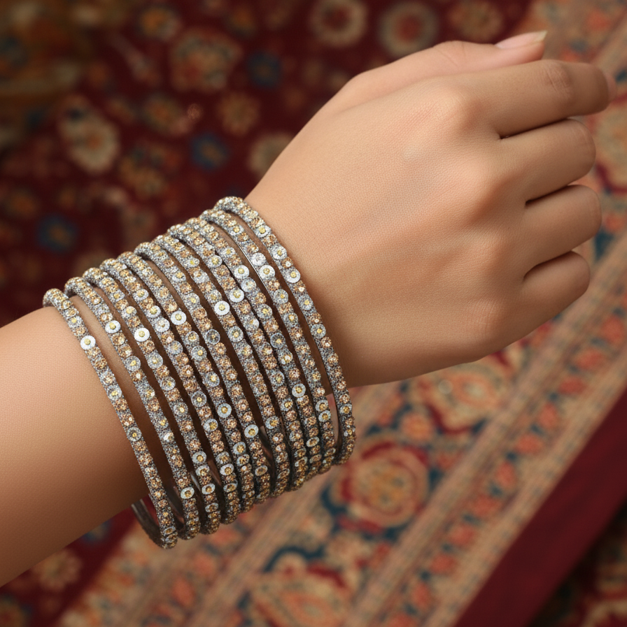 Starlight Silver Glass Bangles with Gold Crystals (Set of 12)