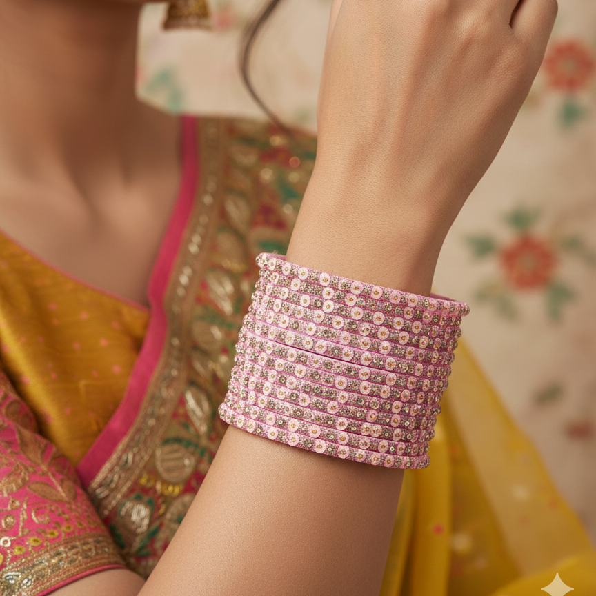 Pastel Pink Festive Glass Bangles with Stone Work, Pack of 12