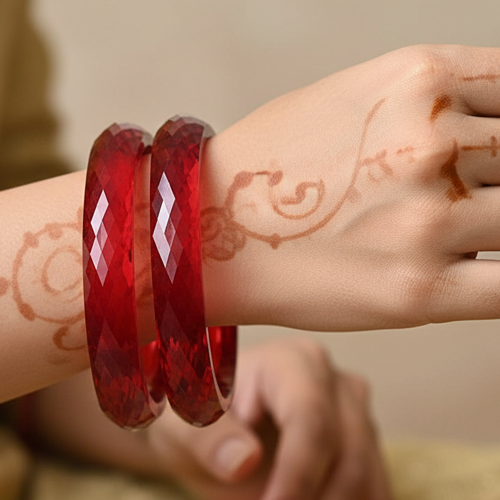 Red Acrylic Kada Set | Diamond-Cut Glossy Pattern Bangles for Women & Girls | Pack of 2