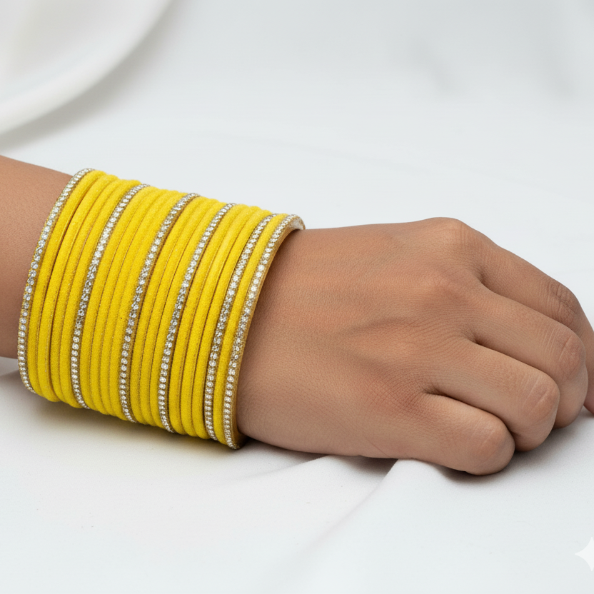 Yellow Velvet & Glass Bangles Set with Stone Work – Pack of 32