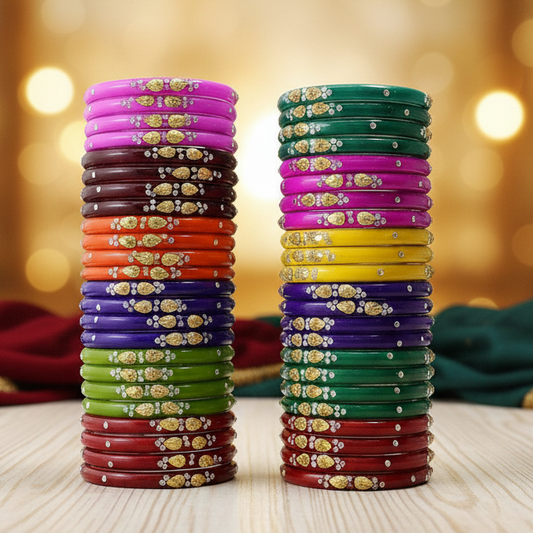 Glass Bangles Set – Pack of 48 | 12 Multicolor Designs with Golden & Stone Work