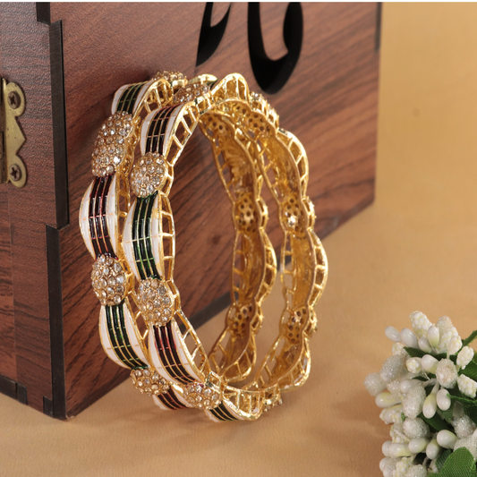 Royal Gold Kada Bangles Set of 2 – Enamel & Crystal Detailing