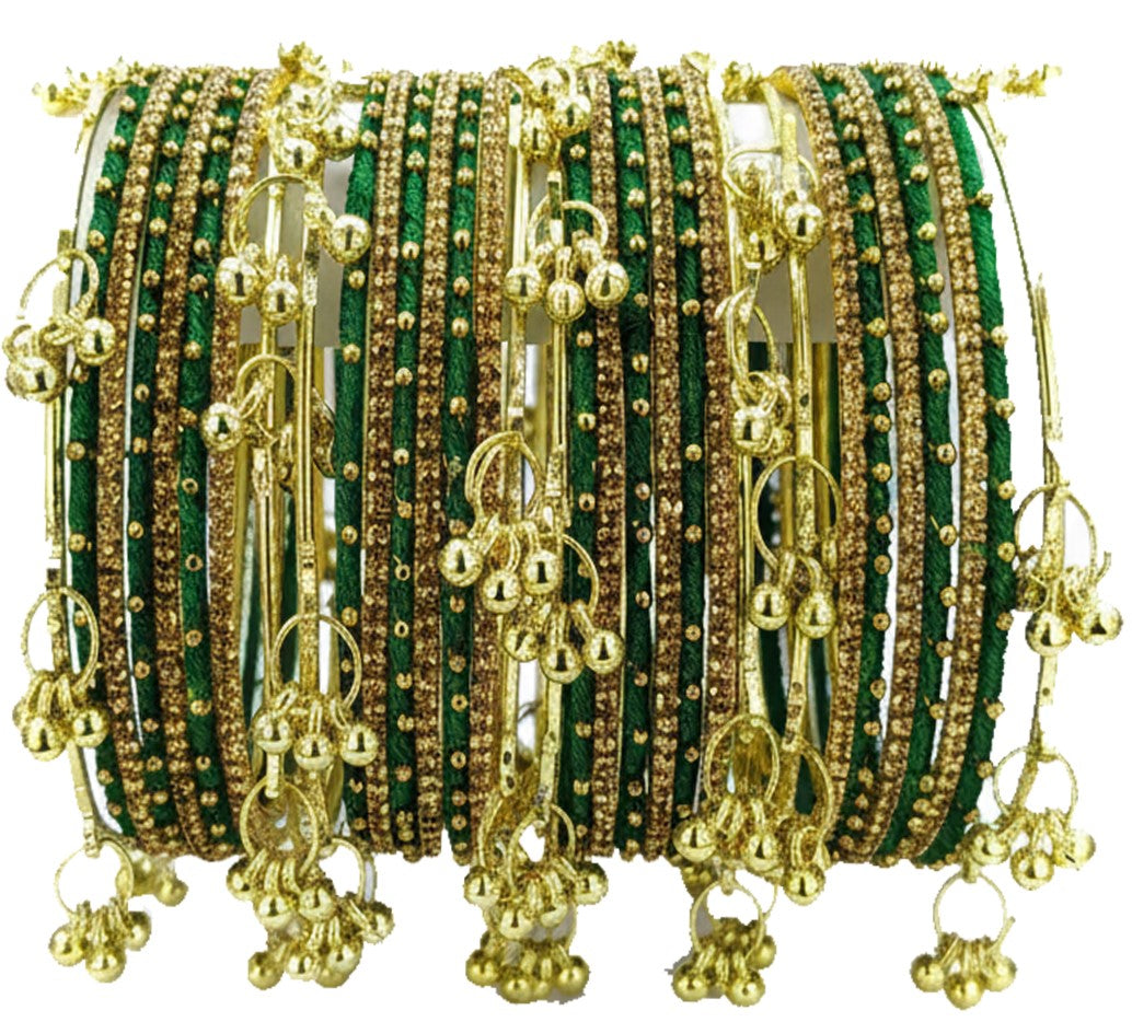 Traditional Green Silk Thread Kashmiri Goti Metal Kangan for-Set of 32
