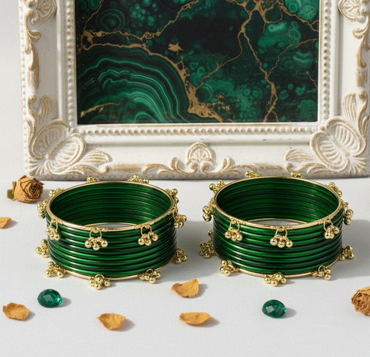 Trendy Ghungroo Glass Bangles Set Green Kashmiri Style Bangles | Pack of 20 with Golden Metal Charm