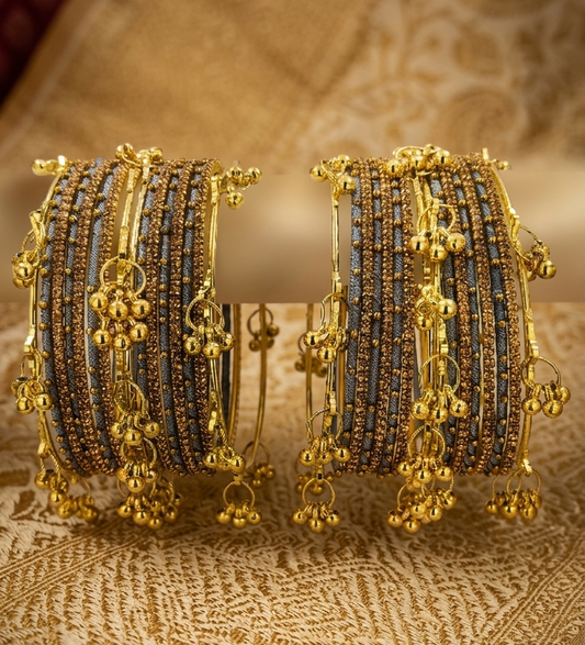Traditional Grey Silk Thread Bangles Set of 32 | Kashmiri Goti Metal Kangan for-Set of 32