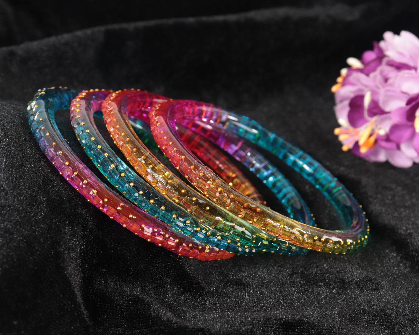 Rainbow Multicolor Acrylic Bangle Set of 2 – Glossy with Golden Detailing