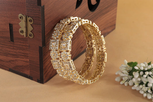 Gold Plated Stone-Studded Bangles with Square Motifs – Set of 2