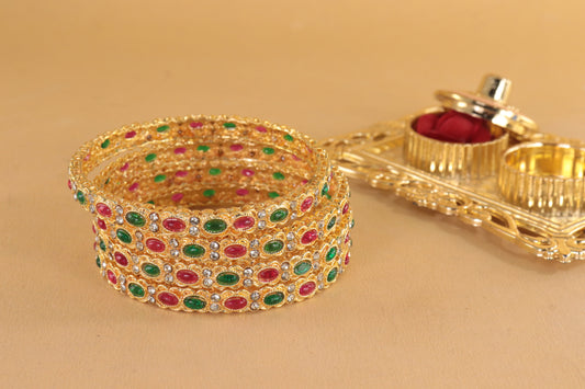 Gold Plated Red & Green Stone Bangles – Set of 2