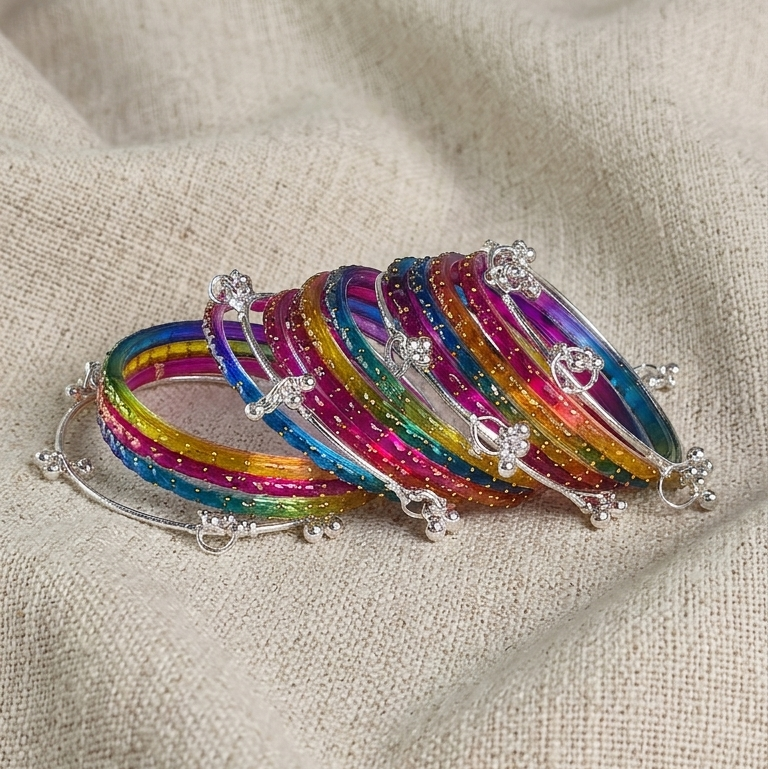 Trending Glass Bangle With Silver Ghunghroo Set For Women & Girls - Set Of 16