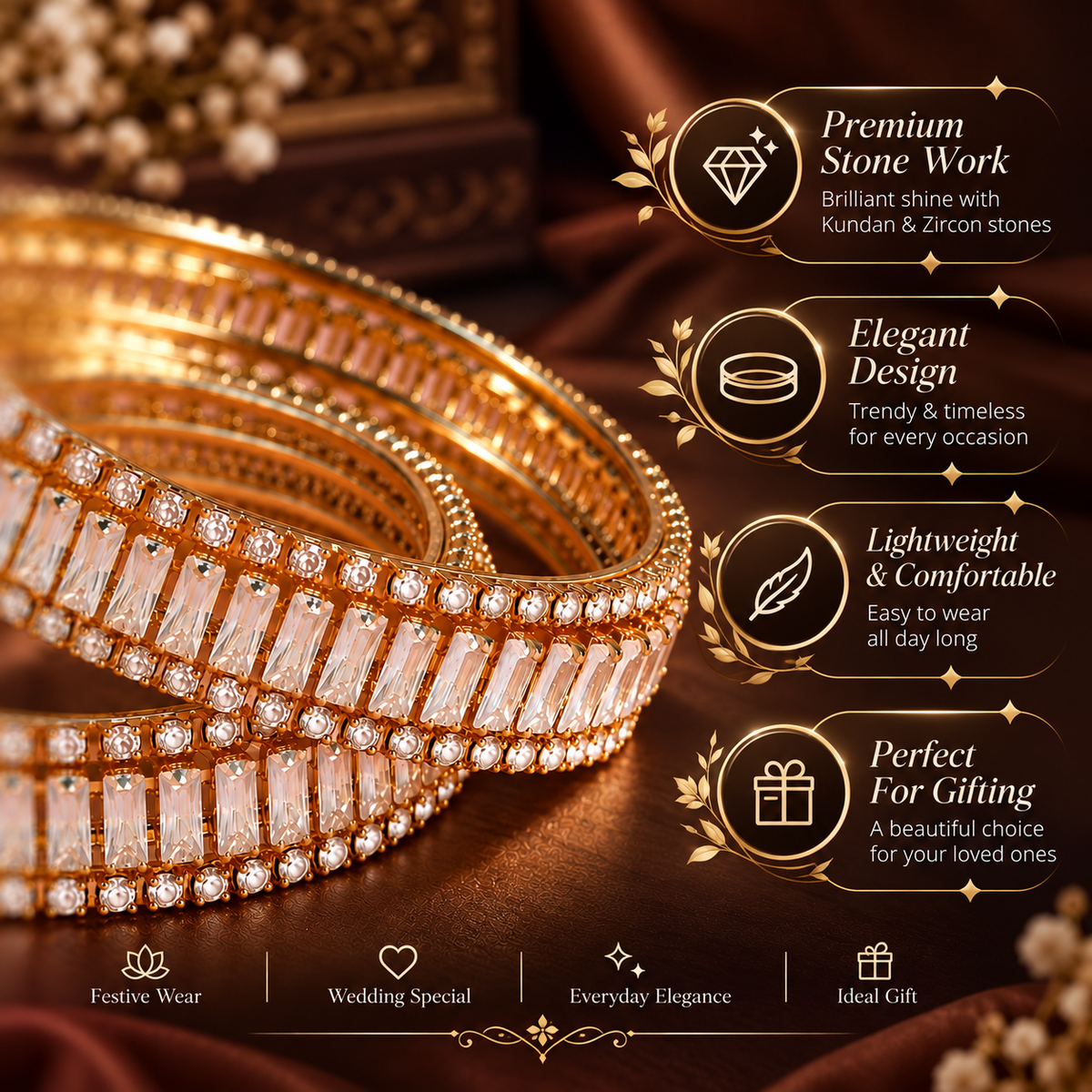Premium Gold Plated Crystal Stone Bangles With Elegant Kundan Zircon - Set Of 2
