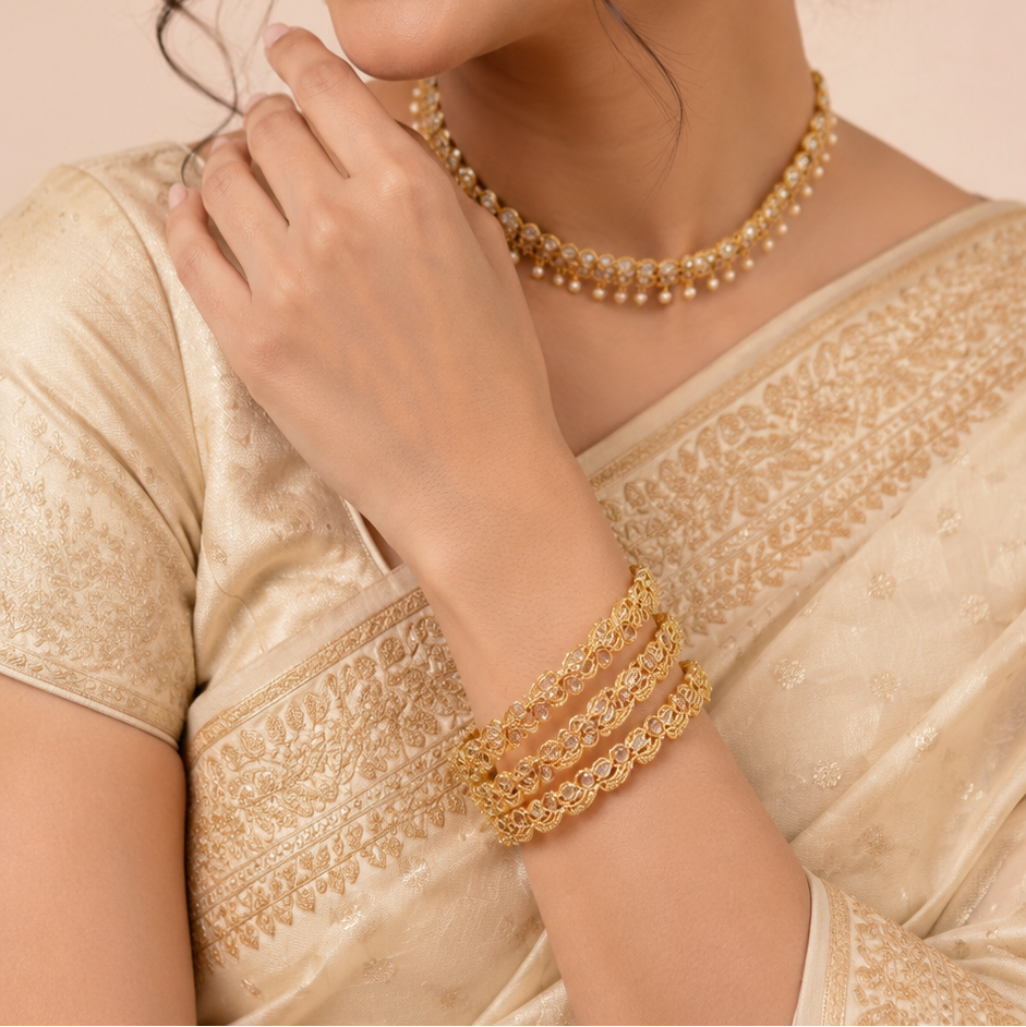 Gold Plated Kada Set Studded With Zircon Stone - Set Of 2
