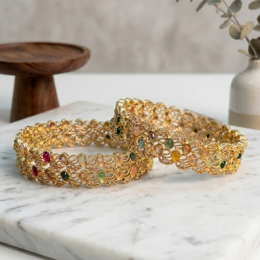 Gold Plated Zircon Stone Studded Kada Set - Set Of 2