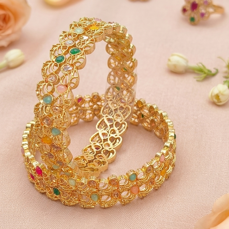 Gold Plated Zircon Stone Studded Kada Set - Set Of 2