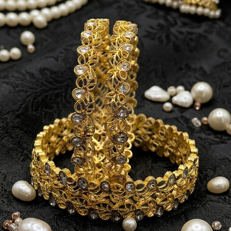Gold Plated Kada Set Studded With Zircon Stone - Set Of 2
