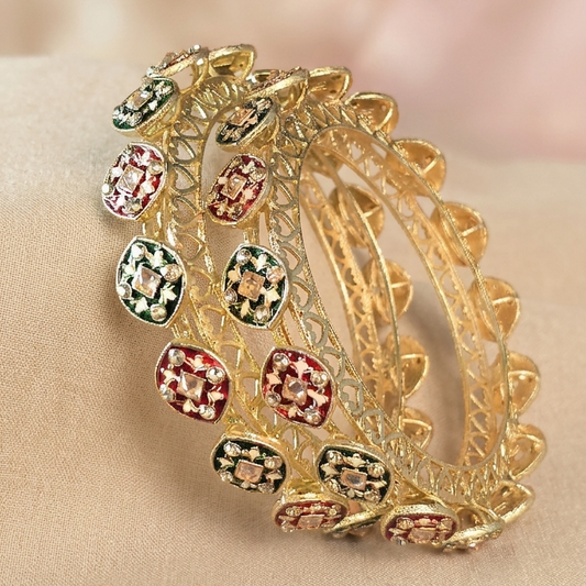 Gold Plated Polki Design Meenakari Kada Set - Set Of 2