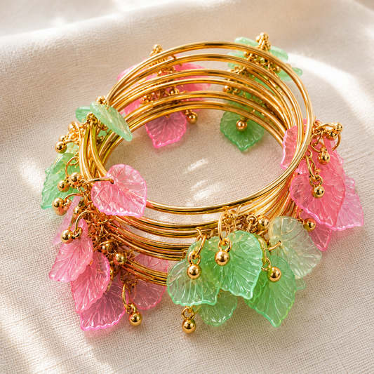 Gold Plated Pink Green Leaf Ghunghroo Bangles Set for Girls - Set Of 8
