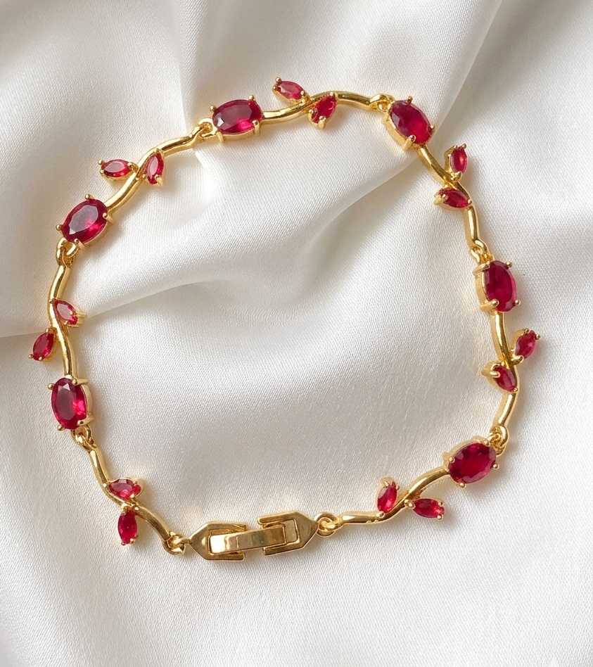 Elegant Gold-Toned Bracelet with Magenta Stone & Zircon Accents for Women & Girls | Stylish Designer Chain Bracelet for Daily & Party Wear